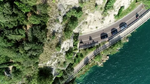 Aerial top down drone view of coastal road traffic jam 4k Stock Footage 138445026