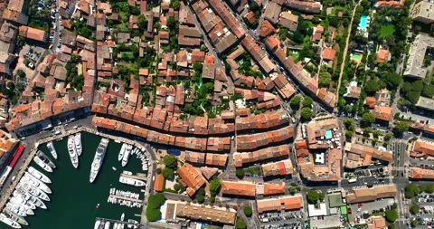Aerial top down drone view of Saint-Tropez, France. Flying over the town centre Stock Footage 219531473