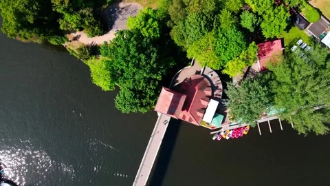 Aerial top down drone view of Spree River and Insel der Jugend near Treptow.. 動画素材 243815100