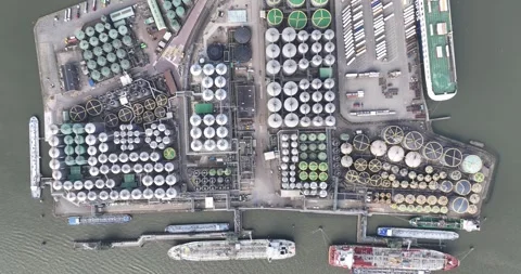 Aerial top down drone view on petrochmeical tank terminal in the port of 스톡 동영상 268033148