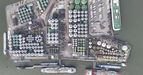 Aerial top down drone view on petrochemical silos in beautifull pattern. In the Stock Footage 268472058