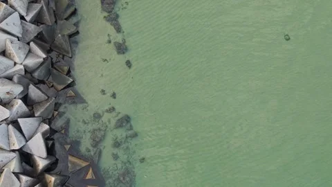 Aerial top-down drone view of concrete breakwater and green water Stock Footage 322902049