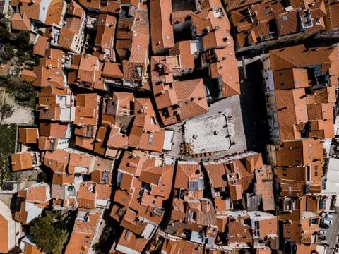 Aerial top down drone view on Piran in southwestern Slovenia Stock Photos