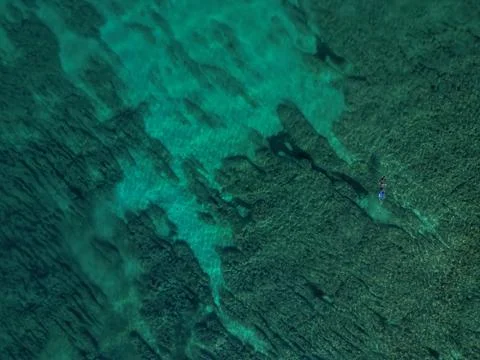Aerial top down drone view of person snorkeling in transparent turquoise beach Stock Photos