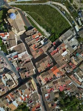 Aerial top down drone view of mediterranean town Benitachell in Alicante, Spain Stock Photos