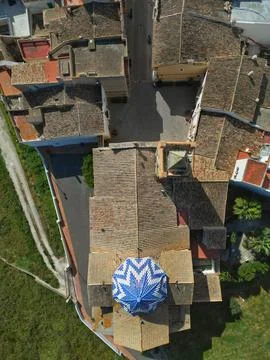 Aerial top down drone view of mediterranean town Benitachell in Alicante, Spain Stock Photos
