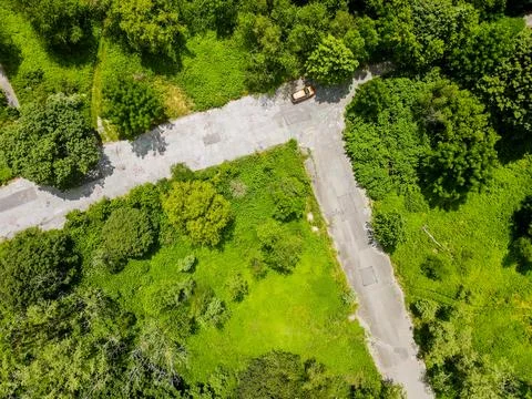 Aerial top down during summer of green abandoned coal town Centralia Appala.. Stock Photos