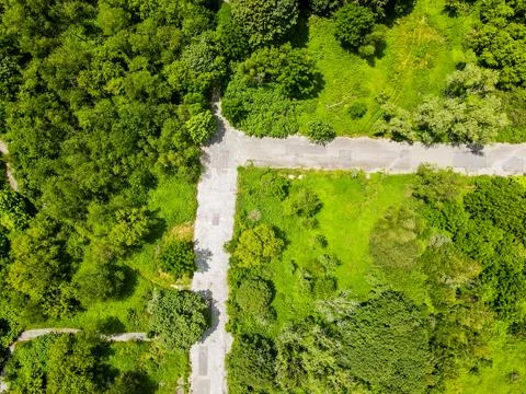 Aerial top down during summer of green abandoned coal town Centralia Appala.. Stock Photos