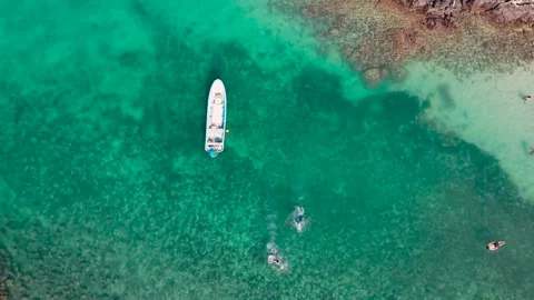 Aerial Top Down Emerald Ocean With Boat And Swimmers Video stock 330076280