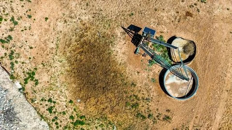 Aerial top down of empty desert area in rural historic US route 66 Glen Rio.. Stock Photos