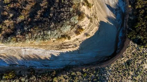 Aerial top down of empty dried up river bed on historic route 66 in Lupton .. Stock Photos