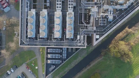 Aerial Top-Down Flight Over Data Center Cooling Systems Stock Footage 322607036