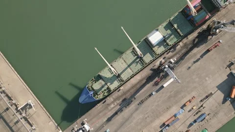 Aerial top down fly over view Cargo port quay with container stacks, mobile.. Stock Footage 317813177