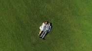 Aerial Top Down Happy Parents To Be Relaxing Side By Side In Field Holding Hands Stock Footage