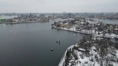 Aerial top down landscape of abstract melting frozen river in Stockholm 스톡 동영상 243982822