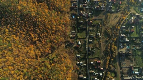 Aerial top down Listvyanka tourist village Siberia autumn forest Baikal rural 4k Video stock 142777094