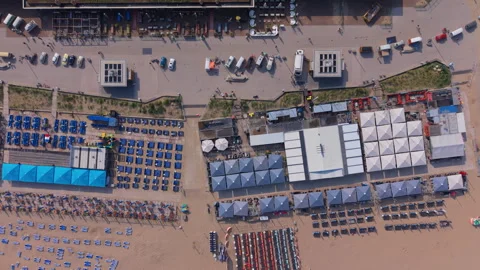 Aerial top down look view of beachfront resort restaurant complexes Stock Footage 339630693