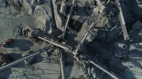Aerial top down mobile concrete batching plant futuristic conveyor Concrete mix Video stock 145591802