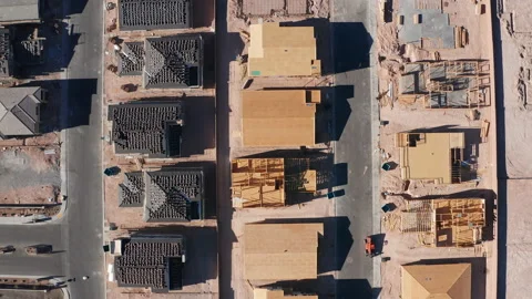 Aerial top down move shot of Las Vegas houses under construction and development Stock Footage 197444554
