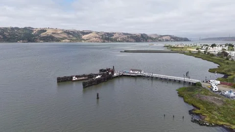 Aerial Top Down Over Historic Pier Pilings, Benicia Carquinez Strait, 4K Stock Footage 337379007