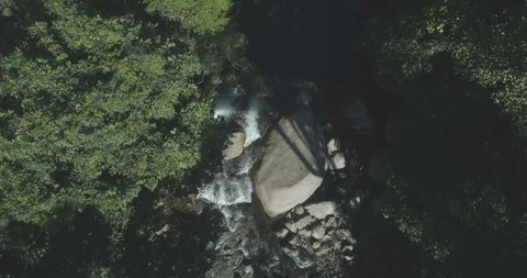 Aerial top down over mountain river in forest sunlit water flowing over rocks 스톡 동영상 101289167