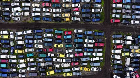 Aerial top-down pattern of salvage cars in four sections, Bulgaria Stock Footage 336339729