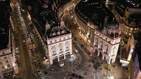 Aerial top down of Piccadilly Circus Regent Street Leicester Square Traffic Hour Stock Footage 228866258