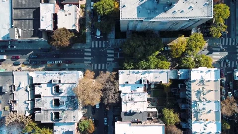 Aerial top down Prospect Heights Brooklyn roofs and roads city during fall .. Video stock 284757867