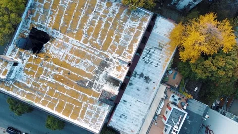 Aerial top down of Prospect Heights Brooklyn abandoned roof during fall in .. Stock Footage 284759644