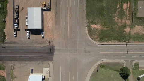 Aerial top down of remote desert town road historic route 66 midpoint Adria.. Video stock 321023242
