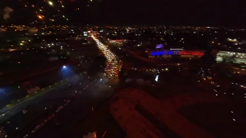 Aerial top down shot of exploding firework at dark sky with many Stock Footage 171812836
