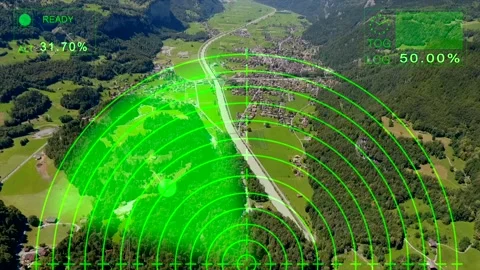 Aerial top down shot of rural forest and small villages checking by radar Stock Footage 146362402