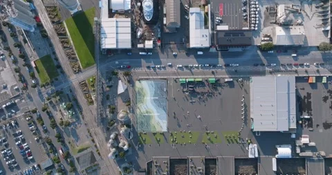 Aerial: Top down shot of Silo park in Wynyard quarter, Auckland, New Zealand Stock Footage 286809283