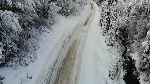Aerial top down shot of white car drives along the road in winter snowy forest.  Stock Footage 221812876