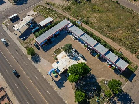 Aerial top down of small desert town in rural historic US route 66 Tucumcar.. Stock Photos
