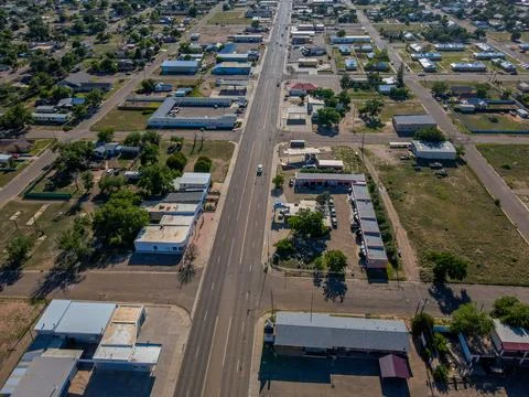 Aerial top down of small desert town in rural historic US route 66 Tucumcar.. Stock Photos