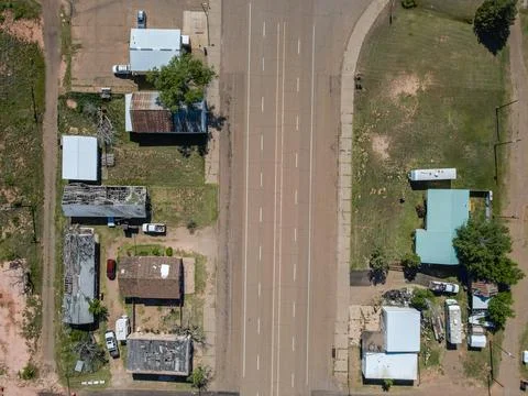 Aerial top down of small desert town in rural historic US route 66 San Jon .. Stock Photos