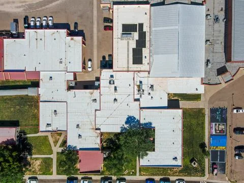 Aerial top down of small desert town in rural historic US route 66 San Jon .. Stock Photos