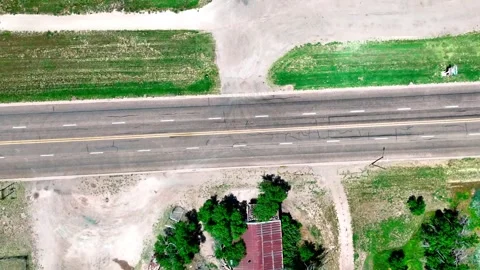 Aerial top down of small rural desert town in summer historic US route 66 S.. Stock Footage 321030412