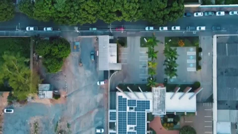 Aerial top down of solar panel roof in park in summer in Cuiaba Mato Grosso Stock Footage 268579381