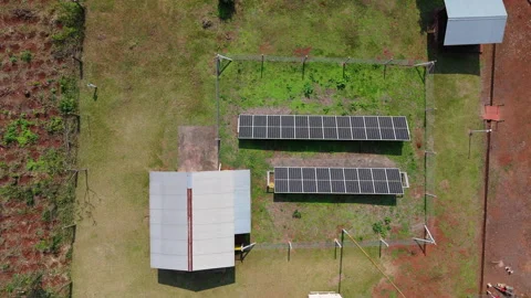 Aerial top-down of solar panel array in a green field, renewable energy Stock Footage 304446767