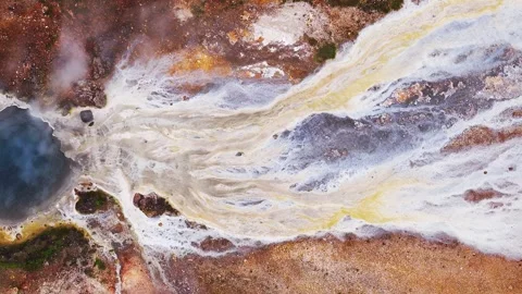 Aerial top down of steaming geyser pool and runoff in Iceland Stock Footage 339500407