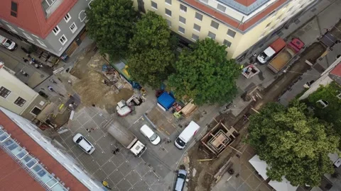 Aerial top down of street construction site in Graz old town Stock-Footage 338289363