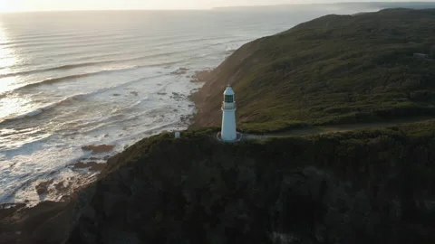 An aerial top down sunset shot of Cape Otway lighthouse, Abollo Bay, Australia Stock Footage 236887795