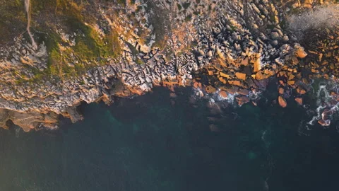 Aerial top-down sunset view of Cabo Carvoeiro’s rugged rocky coastline Stock Footage 321977254