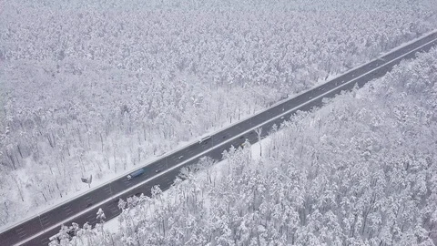 Aerial - Top down tracking shot of blue car drifting on snowy road in forest 動画素材 99836552