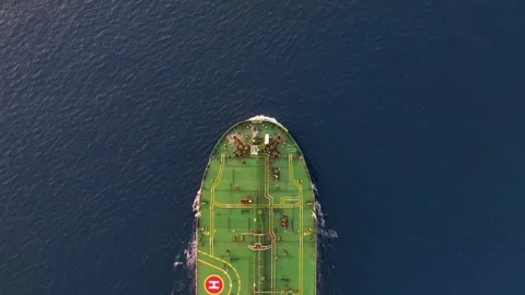 Aerial top down tracking view of a bow from a large crude oil tanker Stock Footage 263139999