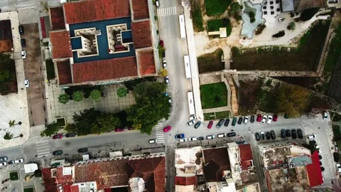 Aerial top down of urban rooftops in city of Nafplio in Mediterranean Greece Видео 315414135