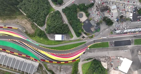 Aerial top down video on Eau Rouge and Raidillon corners at Spa Franchorchamps Stock-Footage 282808989