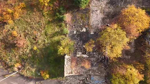 Aerial top-down view of abandoned ruined building in autumn Stock Footage 323384306